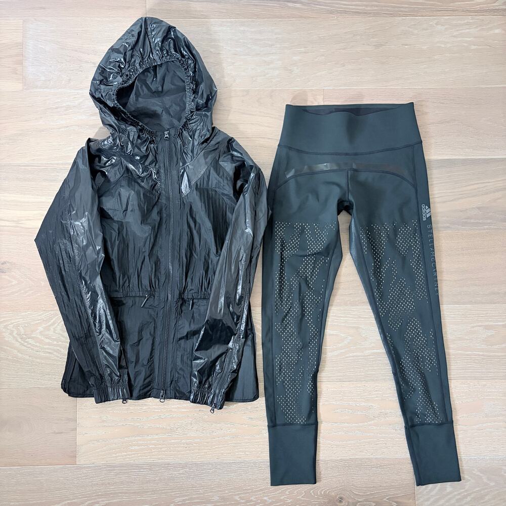 Adidas Stella McCartney Black Believe This Leggings & Shiny Run Rain Coat Small